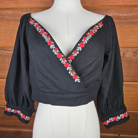 Herencia Collection Rose Embroidered Wrap Top L Cotton Linen Cottage Whimsigoth - Picture 2 of 12